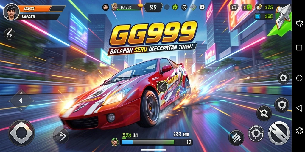 Screenshot gameplay GG999 menampilkan balapan mendebarkan dan mobil yang dinamis.