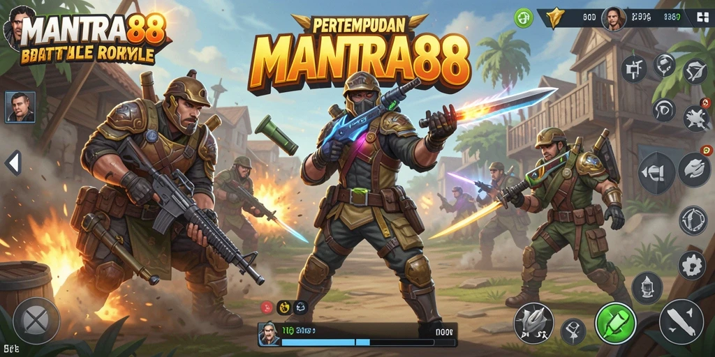 Screenshot gameplay MANTRA88 menunjukkan pertempuran seru di arena Battle Royale.