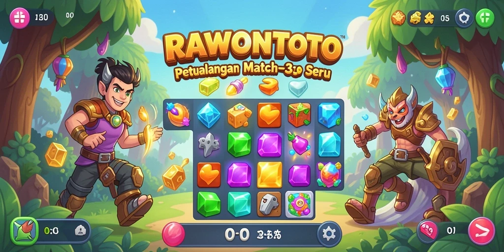 Tampilan gameplay RAWONTOTO dengan kombinasi batu permata yang colorful.