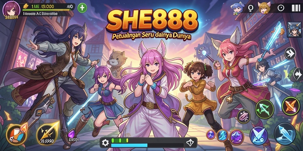 Tangkapan layar utama SHE888 yang menampilkan pertarungan karakter anime.