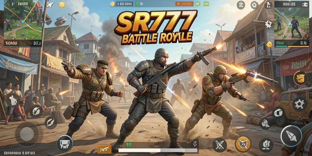 Tangkapan layar dari gameplay SR777 yang menampilkan aksi pertempuran Battle Royale yang mendebarkan.